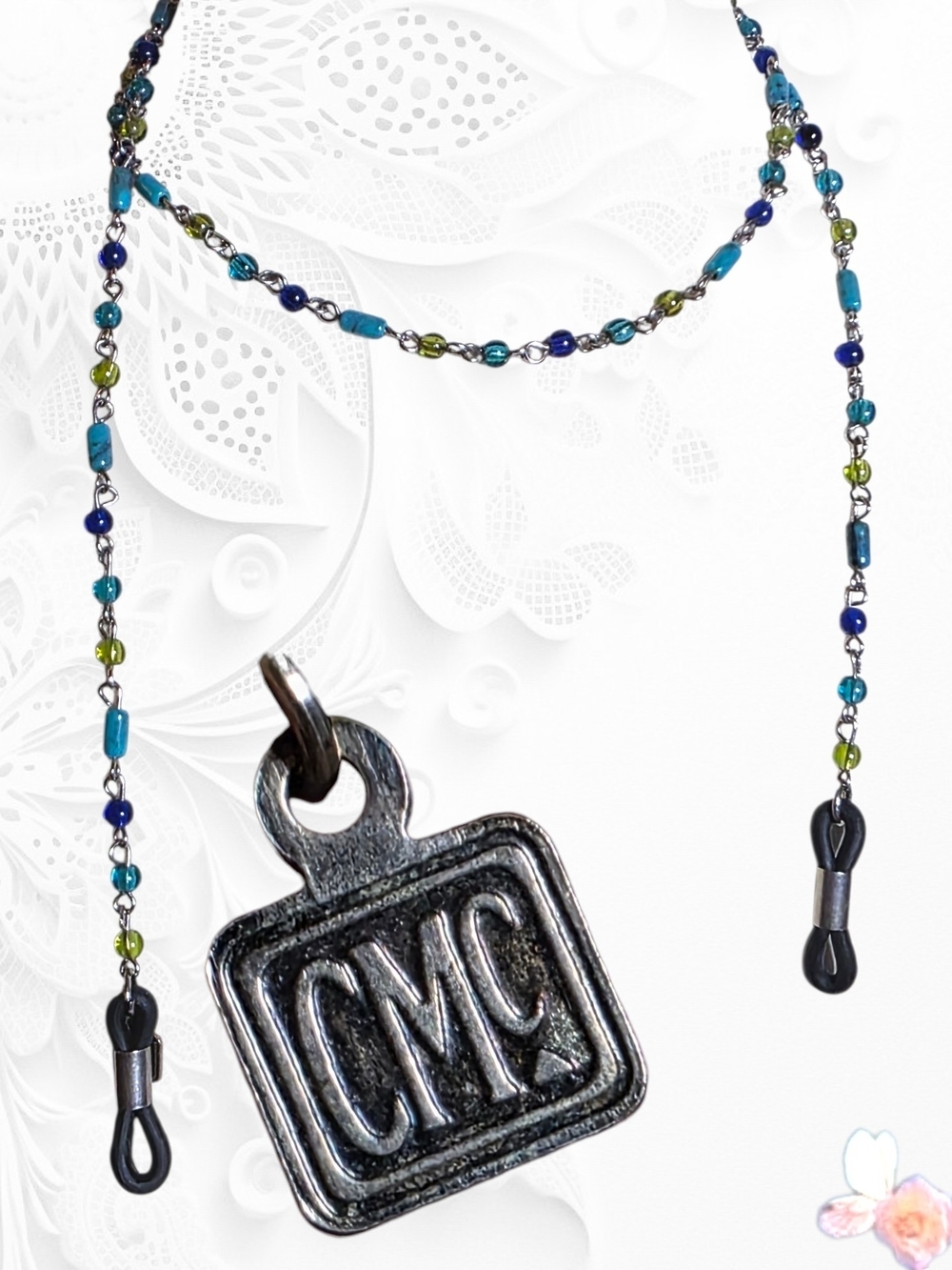 Vintage CMC Beaded Glasses Chain Necklace in Blue & Green